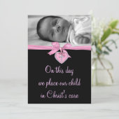Roze Bow Baby Meisje Foto Doop Kaart (Staand voorkant)