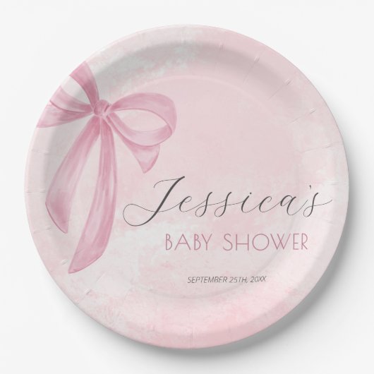Roze Bow Baby shower Blush Roze Waterverf Papieren Bordje (Voorkant)