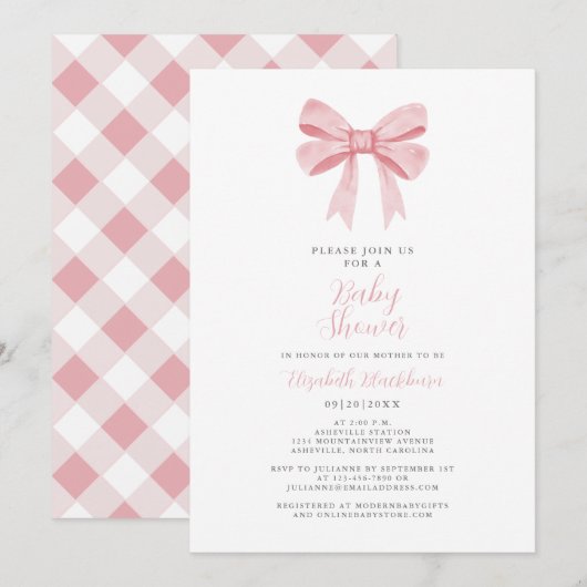 Roze Bow Baby shower Coquette Meisje Elegant Gingh Kaart (Voorkant / Achterkant)