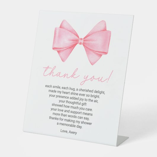 Roze Bow Baby shower Dank u Gedicht Reclamebord Met Voetstuk (Voorkant)
