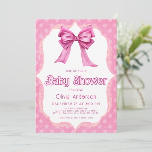 Roze Bow Baby shower Elegant Invitation Kaart (Staand voorkant)