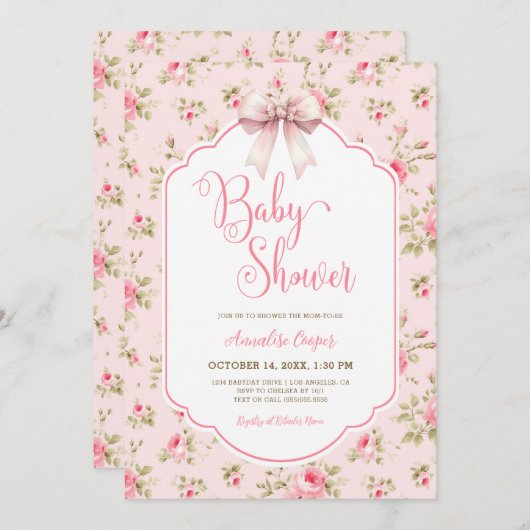 Roze Bow Baby shower Kaart (Voorkant / Achterkant)
