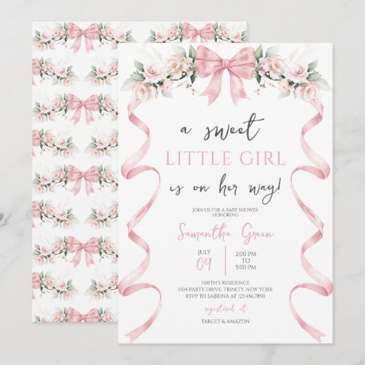 Roze Bow Baby shower Kaart (Voorkant / Achterkant)