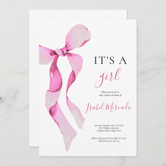 Roze Bow Baby shower Kaart (Voorkant / Achterkant)