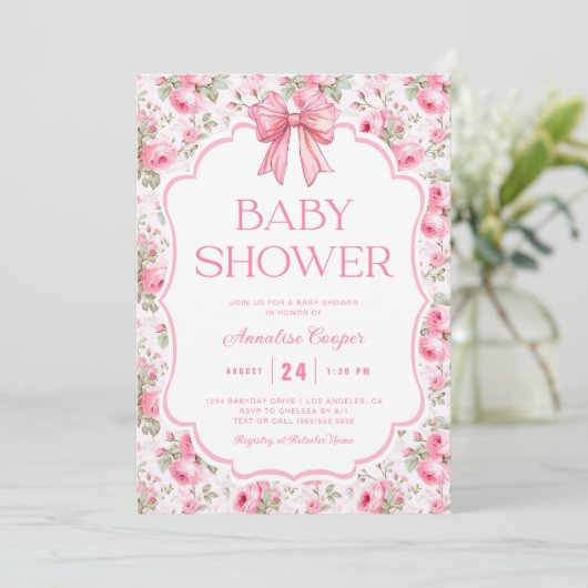 Roze Bow Baby shower Kaart (Staand voorkant)