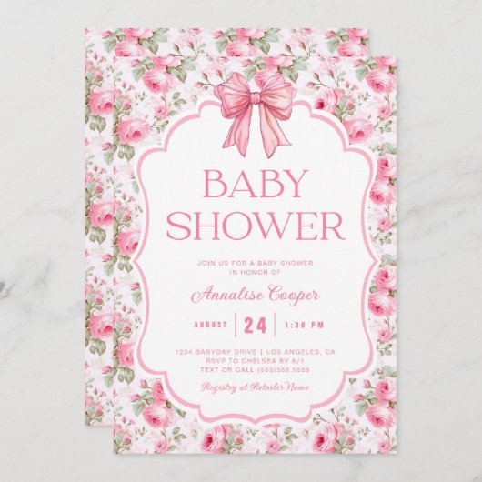 Roze Bow Baby shower Kaart (Voorkant / Achterkant)