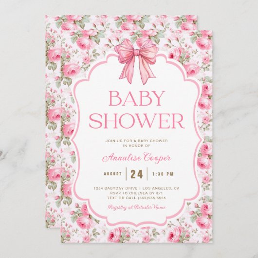 Roze Bow Baby shower Kaart (Voorkant / Achterkant)