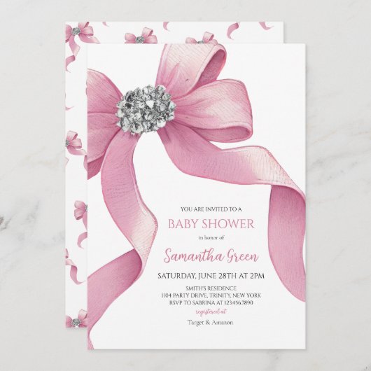 Roze Bow Baby shower Kaart (Voorkant / Achterkant)