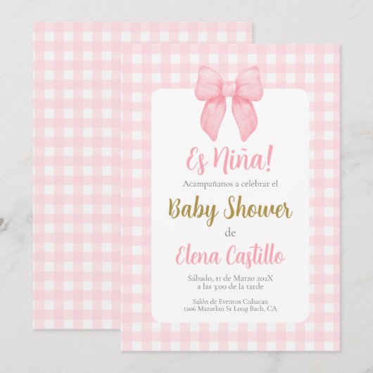 Roze Bow Baby shower Meisje in Spaans uitnodiging (Voorkant / Achterkant)