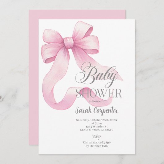Roze Bow Baby shower Meisje Invitation Kaart (Voorkant / Achterkant)