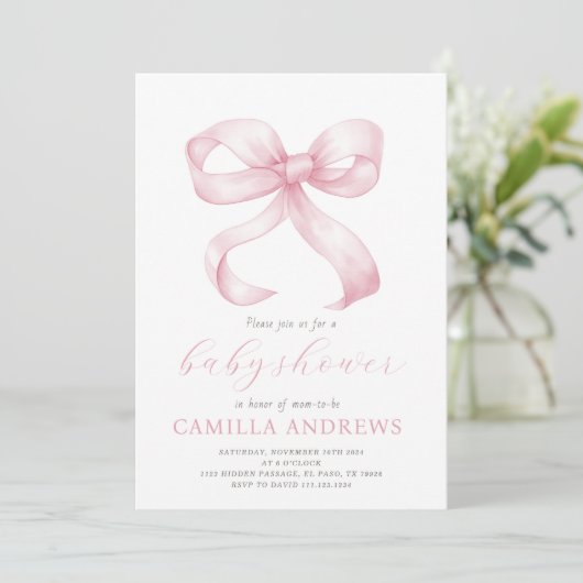 Roze Bow Baby shower Meisje Invitation Kaart (Staand voorkant)