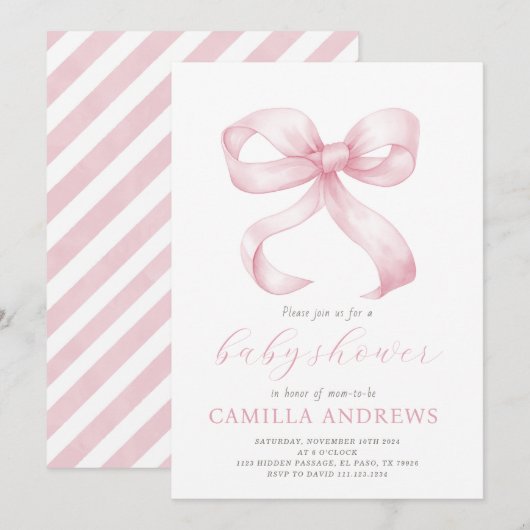 Roze Bow Baby shower Meisje Invitation Kaart (Voorkant / Achterkant)