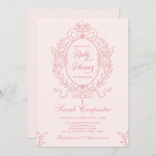 Roze Bow Baby shower Meisje  Lijst Invitation Kaart (Voorkant / Achterkant)