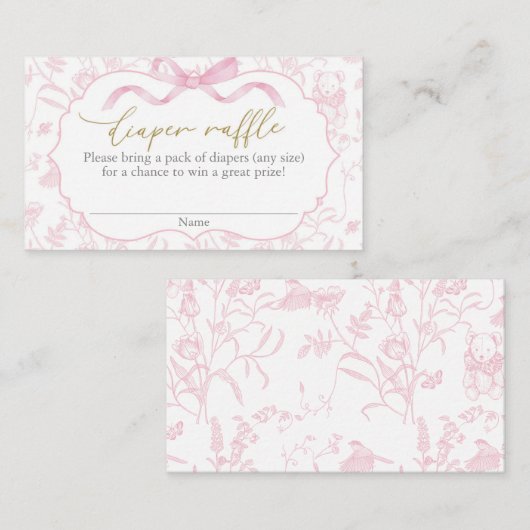 Roze Bow Baby shower Meisje Luier Raffle Informatiekaartje (Voorkant / Achterkant)
