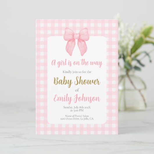 Roze Bow Baby shower Meisje uitnodiging (Staand voorkant)