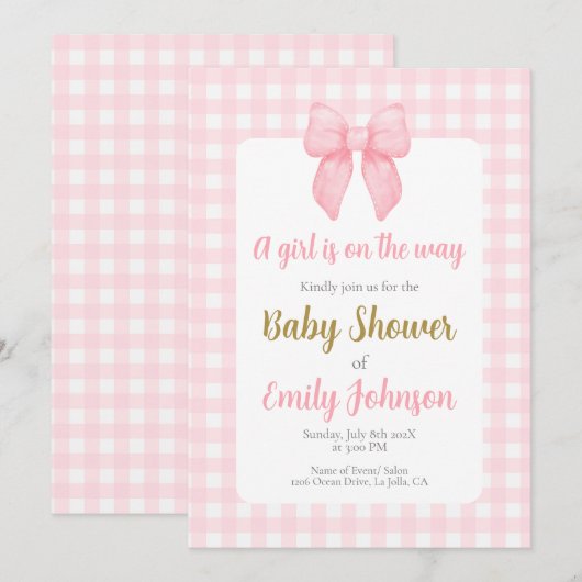 Roze Bow Baby shower Meisje uitnodiging (Voorkant / Achterkant)