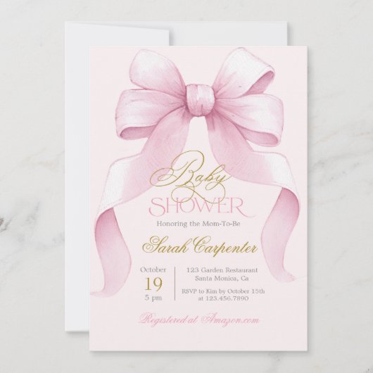 Roze Bow Baby shower Meisje uitnodiging (Voorkant)