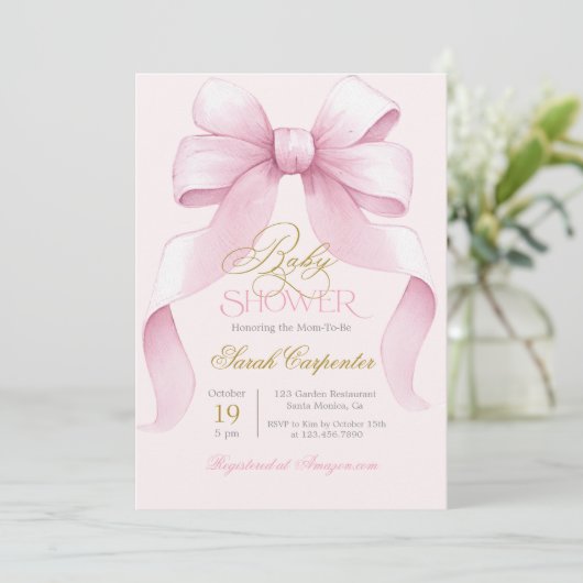 Roze Bow Baby shower Meisje uitnodiging (Staand voorkant)