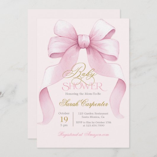 Roze Bow Baby shower Meisje uitnodiging (Voorkant / Achterkant)