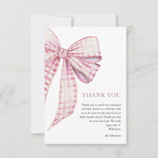 Roze Bow Baby shower Meisje Waterverf Bedankkaart (Voorkant)
