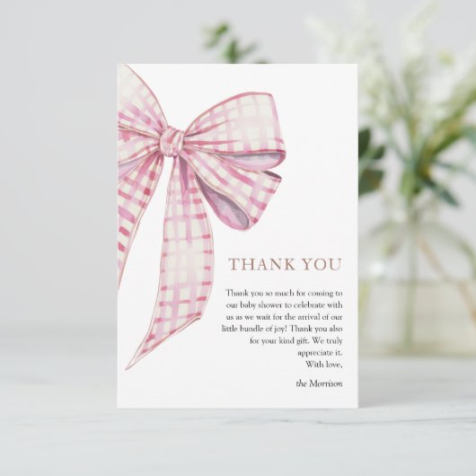 Roze Bow Baby shower Meisje Waterverf Bedankkaart (Staand voorkant)