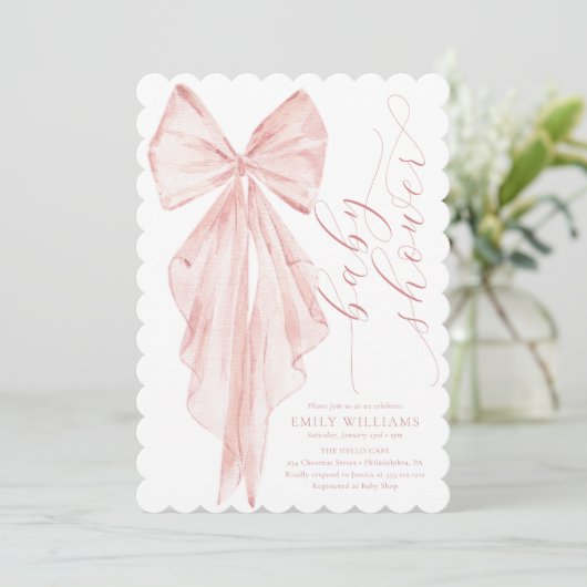 Roze Bow Baby shower Minimalistische Waterverf lin Kaart (Staand voorkant)