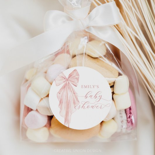 Roze Bow Baby shower Minimalistische Waterverf lin Ronde Sticker