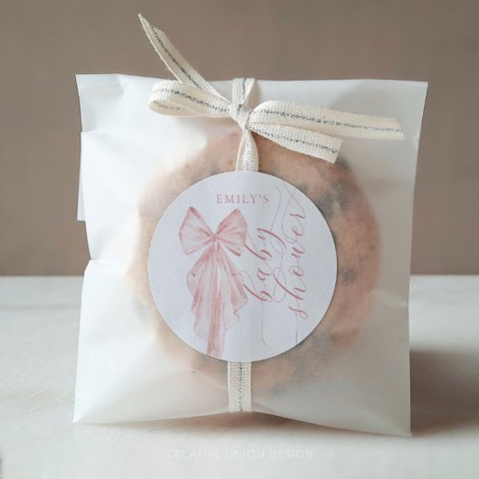 Roze Bow Baby shower Minimalistische Waterverf lin Ronde Sticker