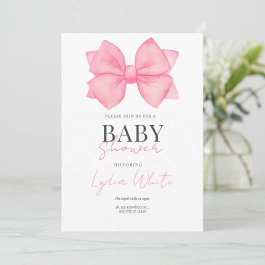 Roze Bow Baby shower Uitnodiging Meisje Baby showe (Staand voorkant)
