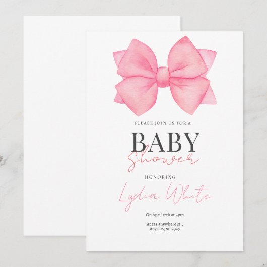 Roze Bow Baby shower Uitnodiging Meisje Baby showe (Voorkant / Achterkant)