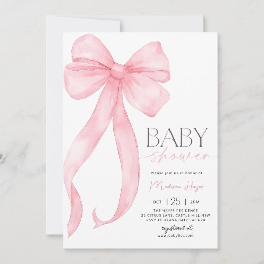 Roze Bow Baby shower Uitnodiging Sjabloon Printabl (Voorkant)
