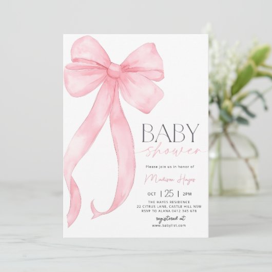 Roze Bow Baby shower Uitnodiging Sjabloon Printabl (Staand voorkant)