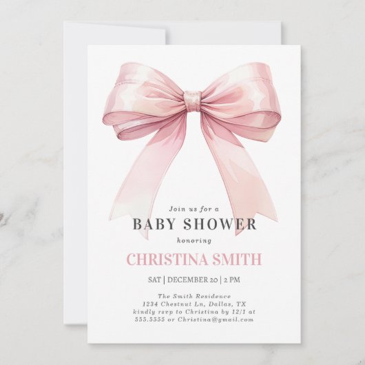 Roze Bow Baby shower Waterverf Baby Meisje Douche Kaart (Voorkant)