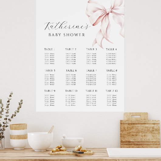 Roze Bow Baby shower Zitplaatskaart Poster (Keuken)