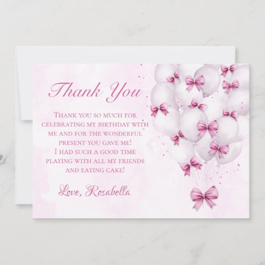 Roze Bow Balloons Meisje Verjaardag Dank u kaart (Voorkant)