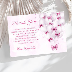 Roze Bow Balloons Meisje Verjaardag Dank u kaart