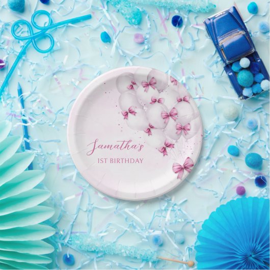 Roze Bow Balloons Verjaardagspapier Borden Papieren Bordje (Feest)