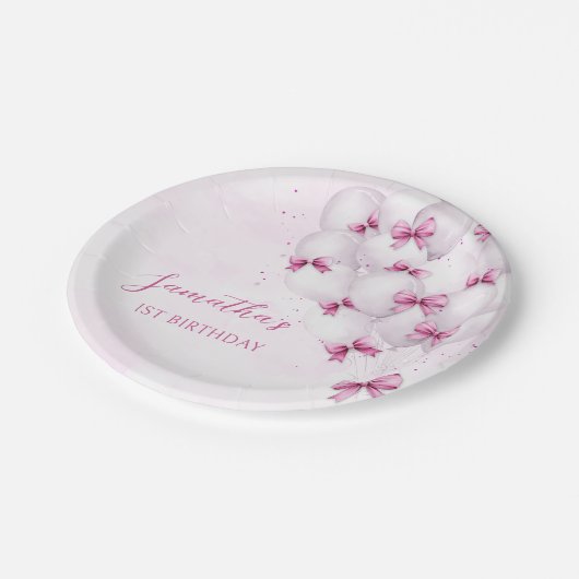 Roze Bow Balloons Verjaardagspapier Borden Papieren Bordje (Gekanteld)