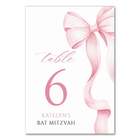 Roze Bow Bat Mitswa Tafelnummer Kaart (Achterkant)