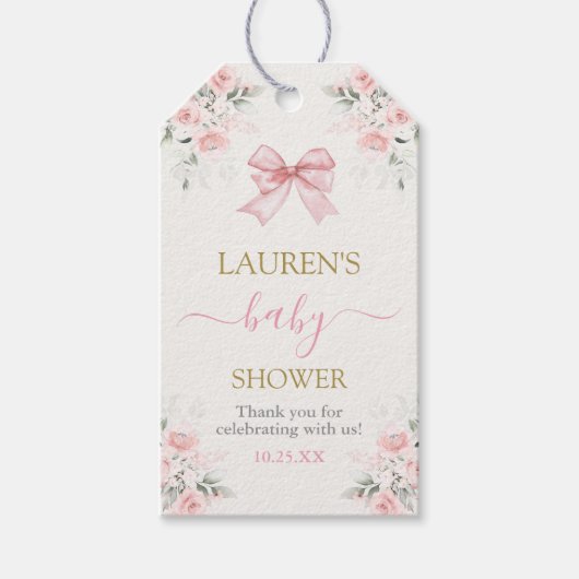Roze Bow Beer Baby shower Meisje Gift Label Cadeaulabel (Voorkant)