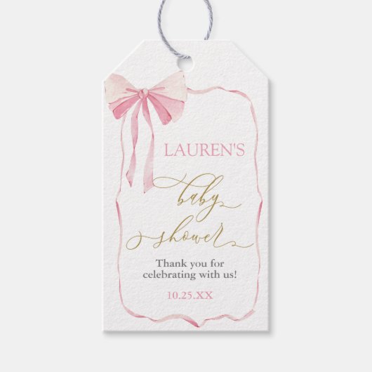 Roze Bow Beer Baby shower Meisje Gift Label Cadeaulabel (Voorkant)