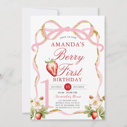 Roze Bow Berry eerste aardbeien zoete verjaardag Kaart (Voorkant)