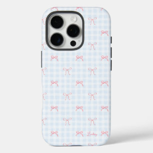 Roze Bow Blauw Gingham Gepersonaliseerde naam iPhone 16 Pro Hoesje