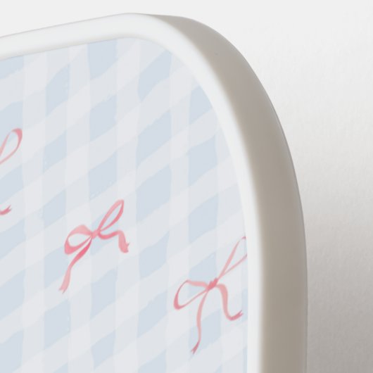 Roze Bow Blauw Gingham Gepersonaliseerde naam Pickleball Paddle (Links Detail)