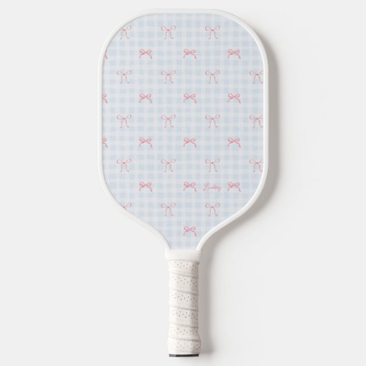 Roze Bow Blauw Gingham Gepersonaliseerde naam Pickleball Paddle (Voorkant)