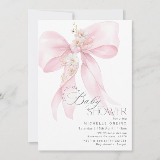 Roze Bow Bloemen Baby meisje Douche Kaart (Voorkant)