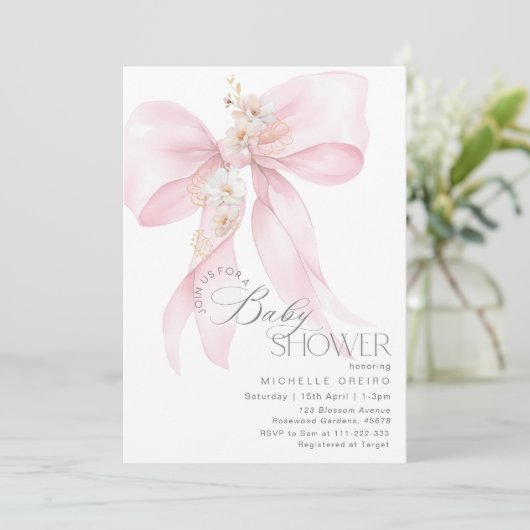 Roze Bow Bloemen Baby meisje Douche Kaart (Staand voorkant)
