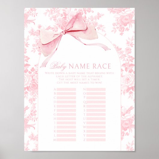 Roze Bow Bloemen Baby Meisje Naam Race Douche Spel Poster (Voorkant)
