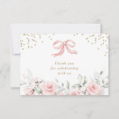 Roze Bow Bloemen Blush Goud Baby shower Bedankkaart (Voorkant)