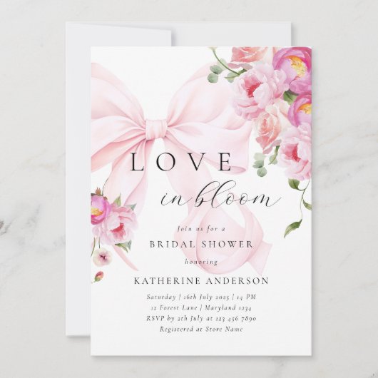 Roze Bow Bloemen Bruids Douche Uitnodiging (Voorkant)